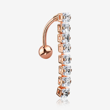 Rose Gold Classic Princess Gems Vertical Sparkle Reverse Belly Button Ring-Clear Gem